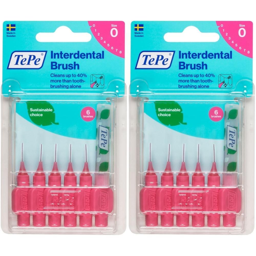 Zwei Packungen Interdentalbürsten. Pinkfarbene Bürsten mit blau-grüner Verpackung. Marke: TePe. Sechs Bürsten pro Packung.
