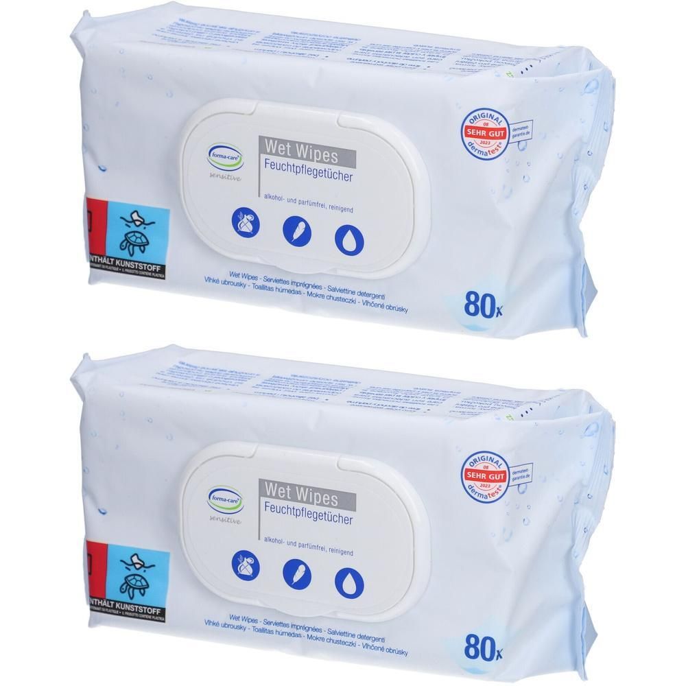 Zwei Packungen Feuchttücher. Weiße Verpackung mit Aufdrucken, darunter "Wet Wipes" und 80x. Siegel "ORIGINAL SEIT GUT".