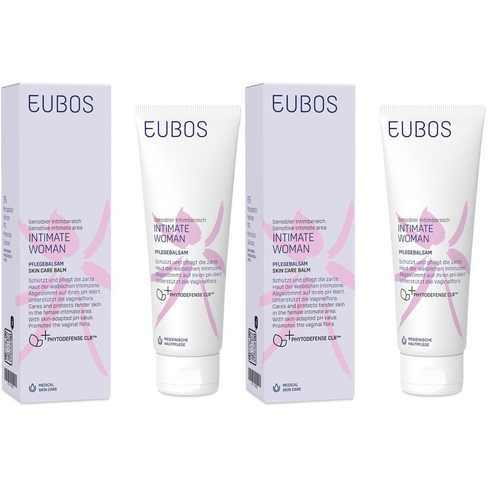 EUBOS Intimate Woman Pflegebalsam. Verpackung mit Produkt und Karton. Rosa Akzente. Text: Intimate Woman, Skin Care Balm.