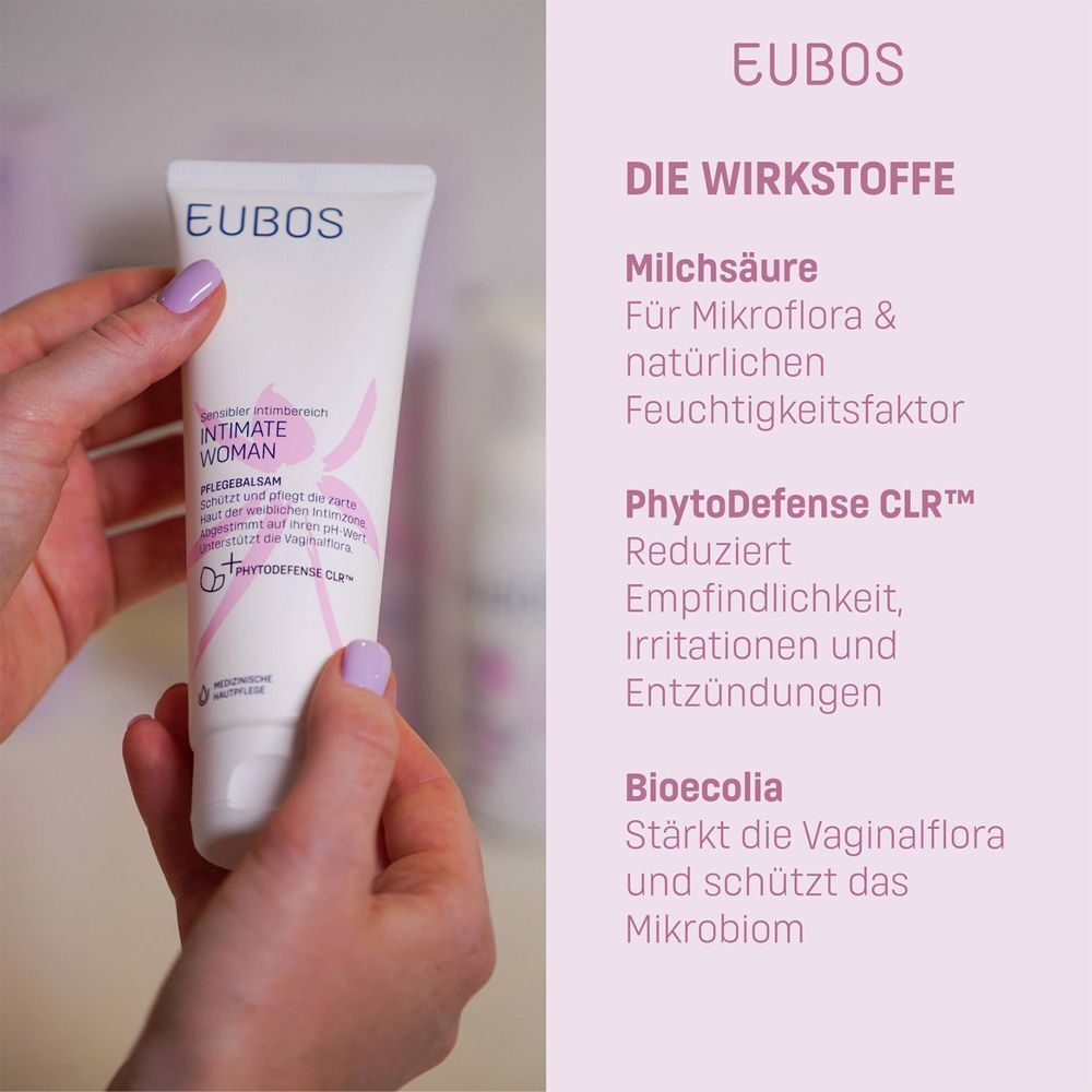 EUBOS Intimate Woman Pflegebalsam. Produkt in Händen. Text: Wirkstoffe: Milchsäure, PhytoDefense CLR, Bioecolia.