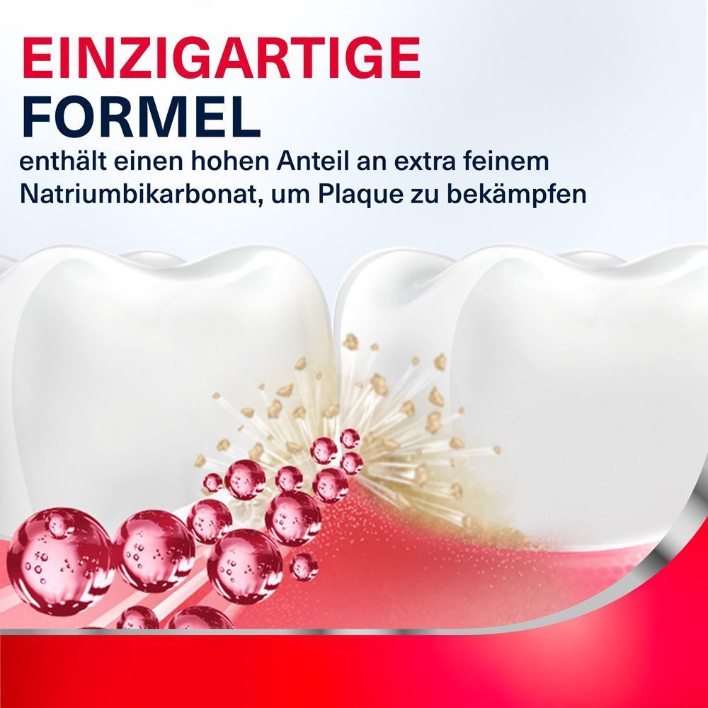 Zahnmodell mit rosa Blasen. Text: 'Einzigartige Formel'.