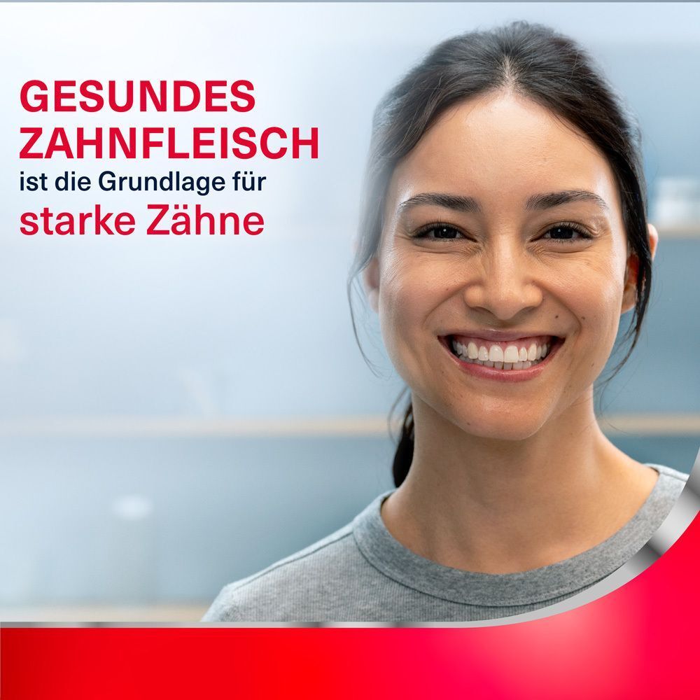 Frau lächelt. Text: 'Gesundes Zahnfleisch ist die Grundlage für starke Zähne'.