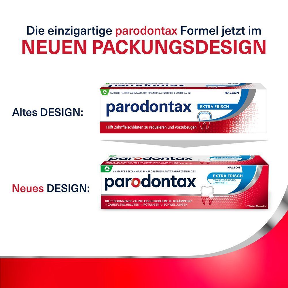Vergleich von Zahnpasta-Tuben. Altes und neues Design. Produktname und 'Extra Frisch' sichtbar.