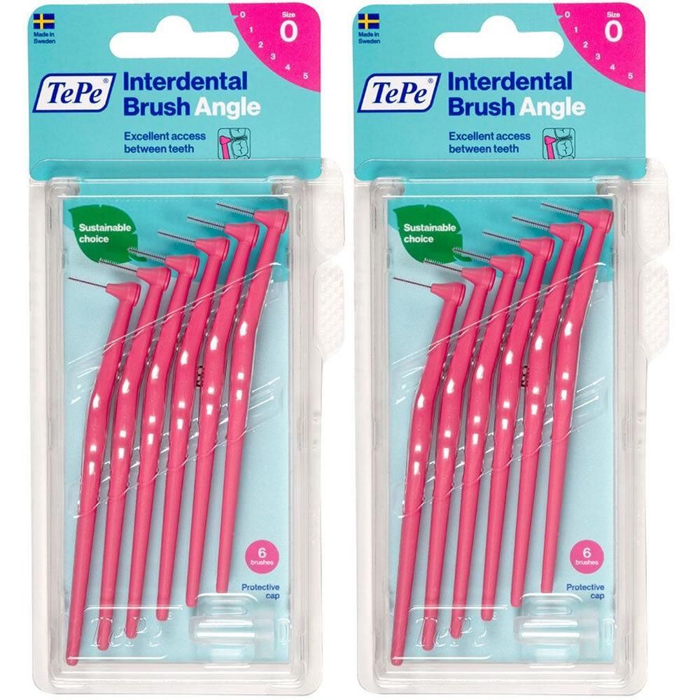 Zwei Packungen Interdentalbürsten, pinkfarben, mit 6 Bürsten. Marke TePe. Verpackung mit Produktnamen und Logo.