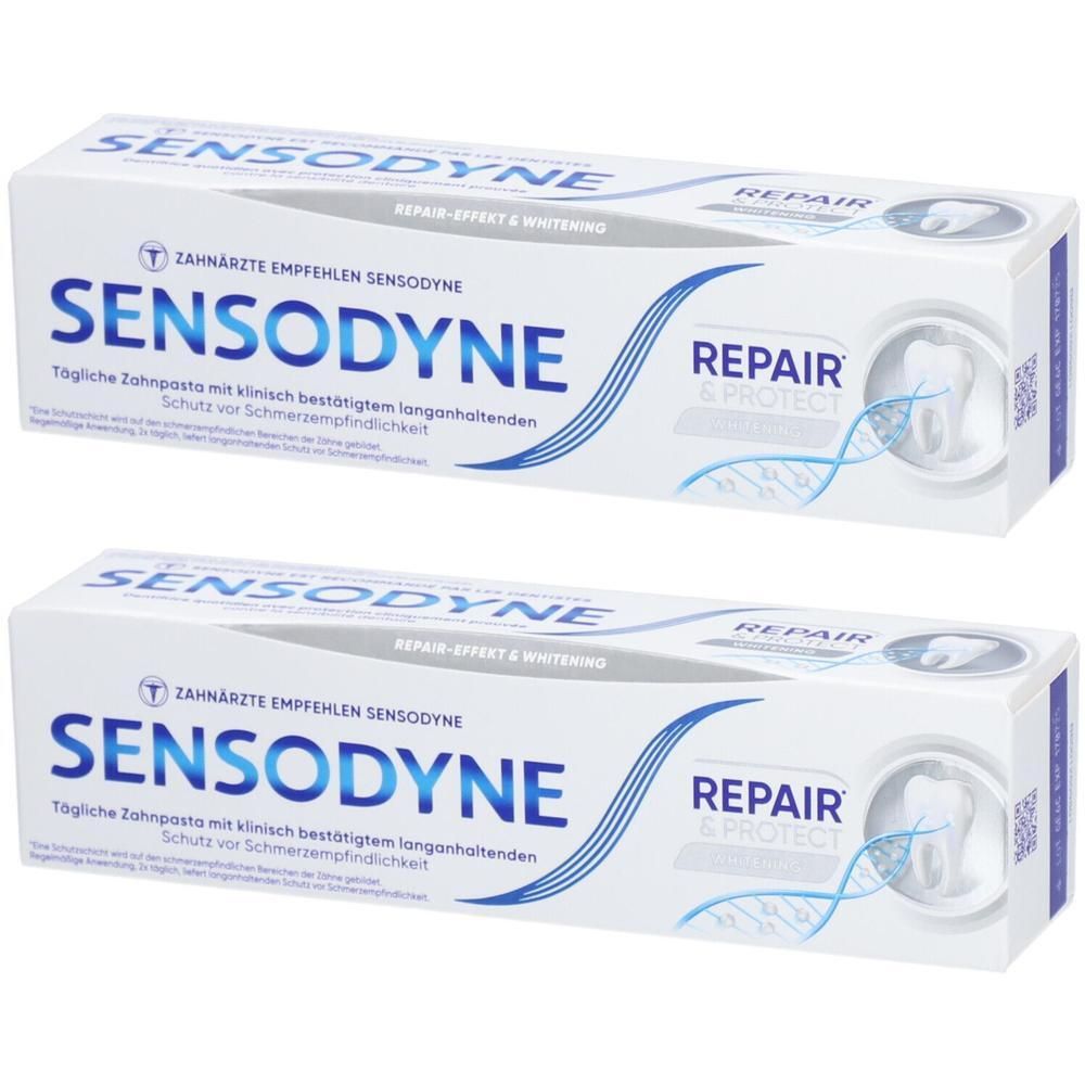 Zwei Tuben SENSODYNE Zahnpasta. Weiße Verpackung mit blauem Schriftzug. Aufschrift: REPAIR & PROTECT. Zahnärzte empfehlen SENSODYNE.