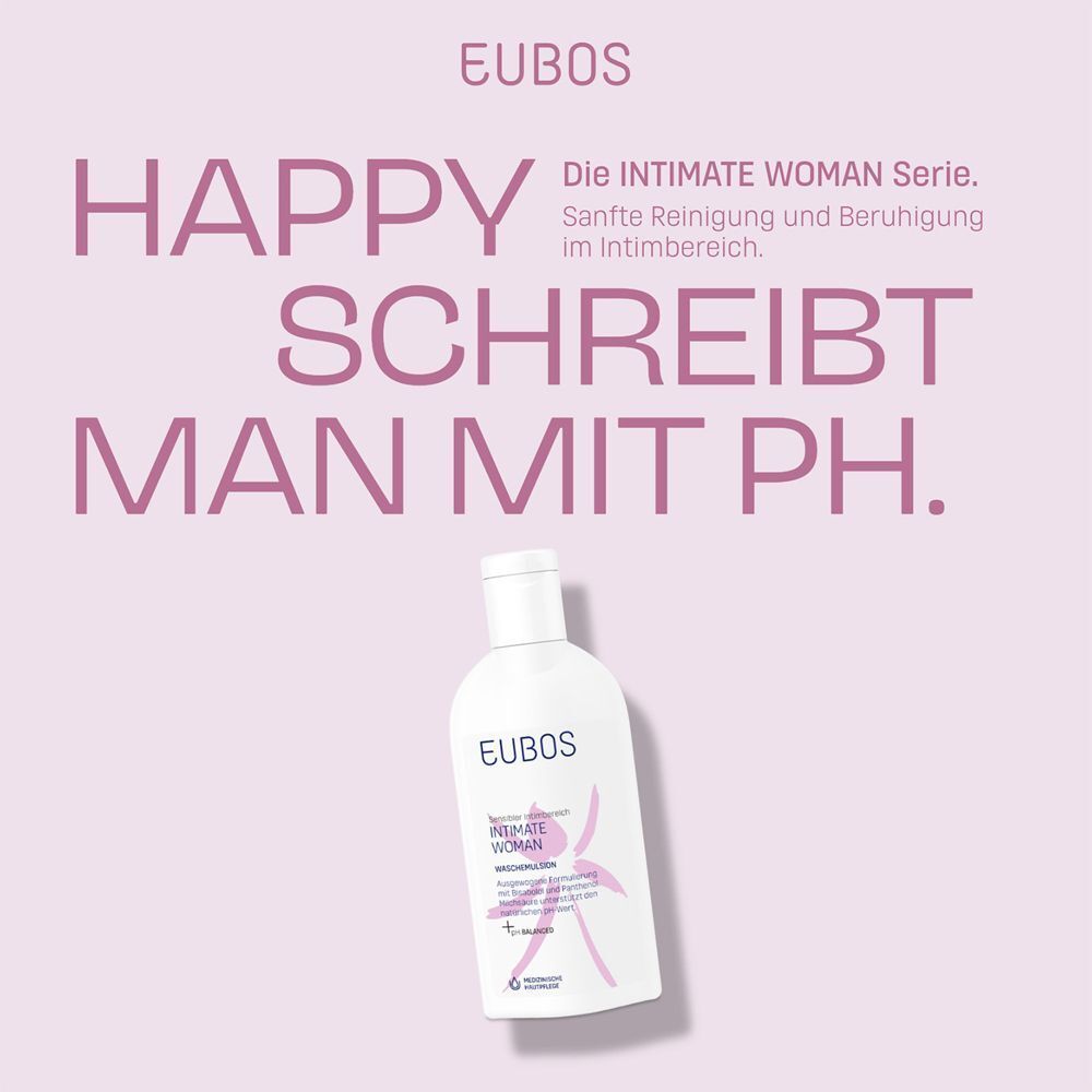 Eine Flasche EUBOS Intimate Woman Waschemulsion. Aufschrift: HAPPY SCHREIBT MAN MIT PH.