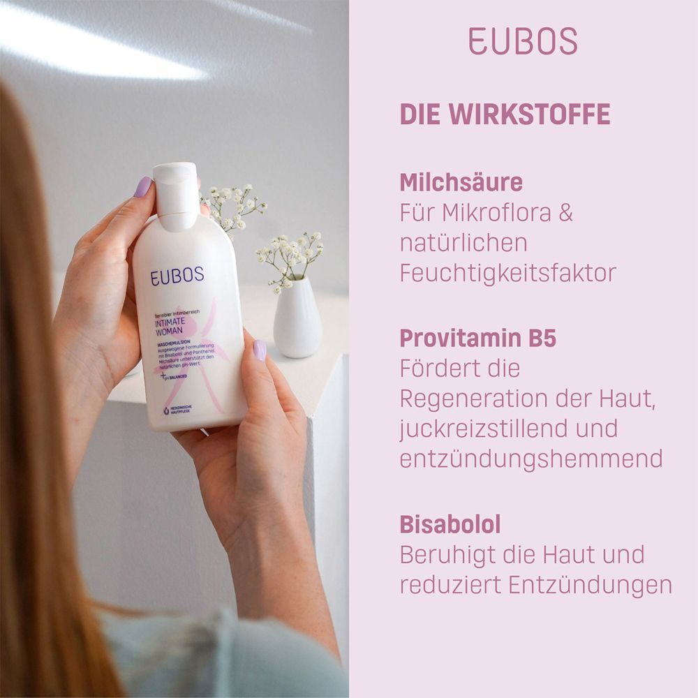 Flasche EUBOS Intimate Woman Waschemulsion. Inhaltsstoffe: Milchsäure, Provitamin B5, Bisabolol.