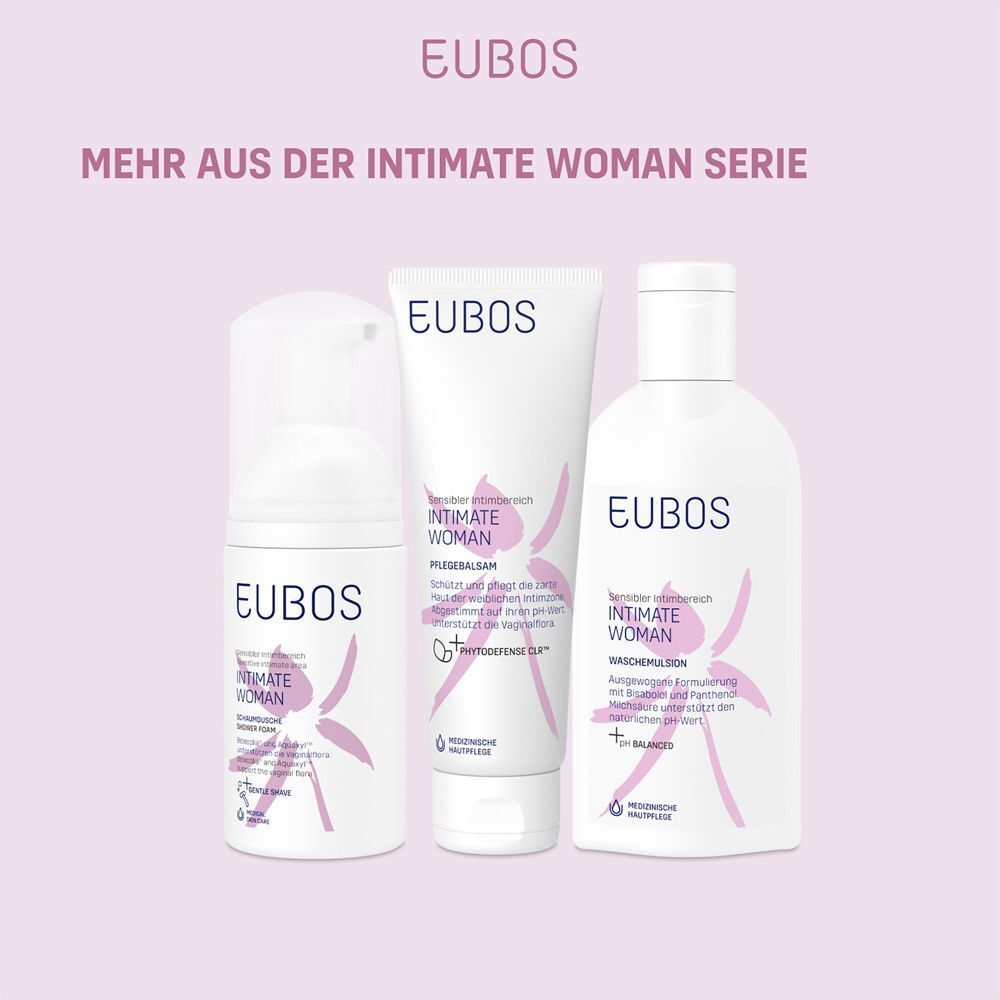 Drei Produkte der Intimate Woman Serie: Waschemulsion, Pflegebalsam und Reinigungsschaum.
