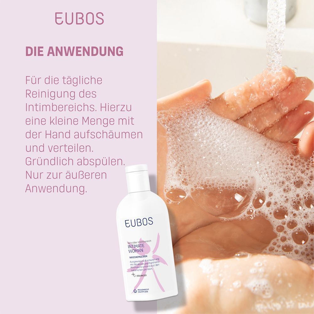 Hände waschen mit EUBOS Intimate Woman Waschemulsion. Text: Für die tägliche Reinigung des Intimbereichs.
