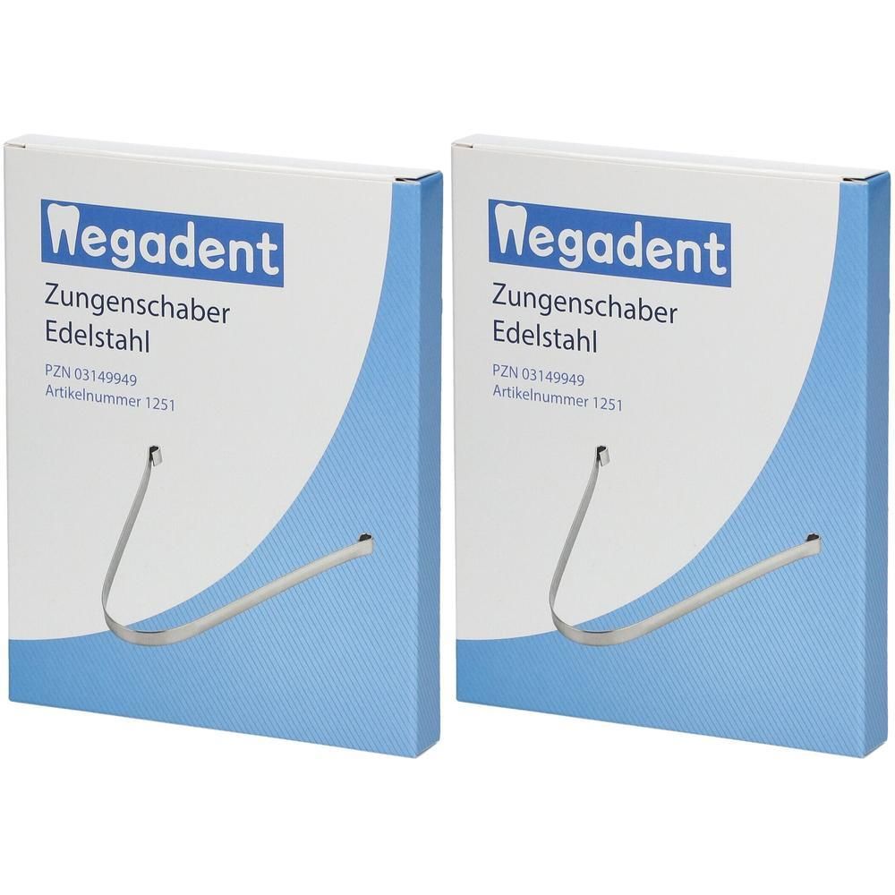 Zwei Verpackungen mit Zungenschabern aus Edelstahl. Aufdruck: Wegadent, Zungenschaber Edelstahl, PZN 03149949, Artikelnummer 1251.