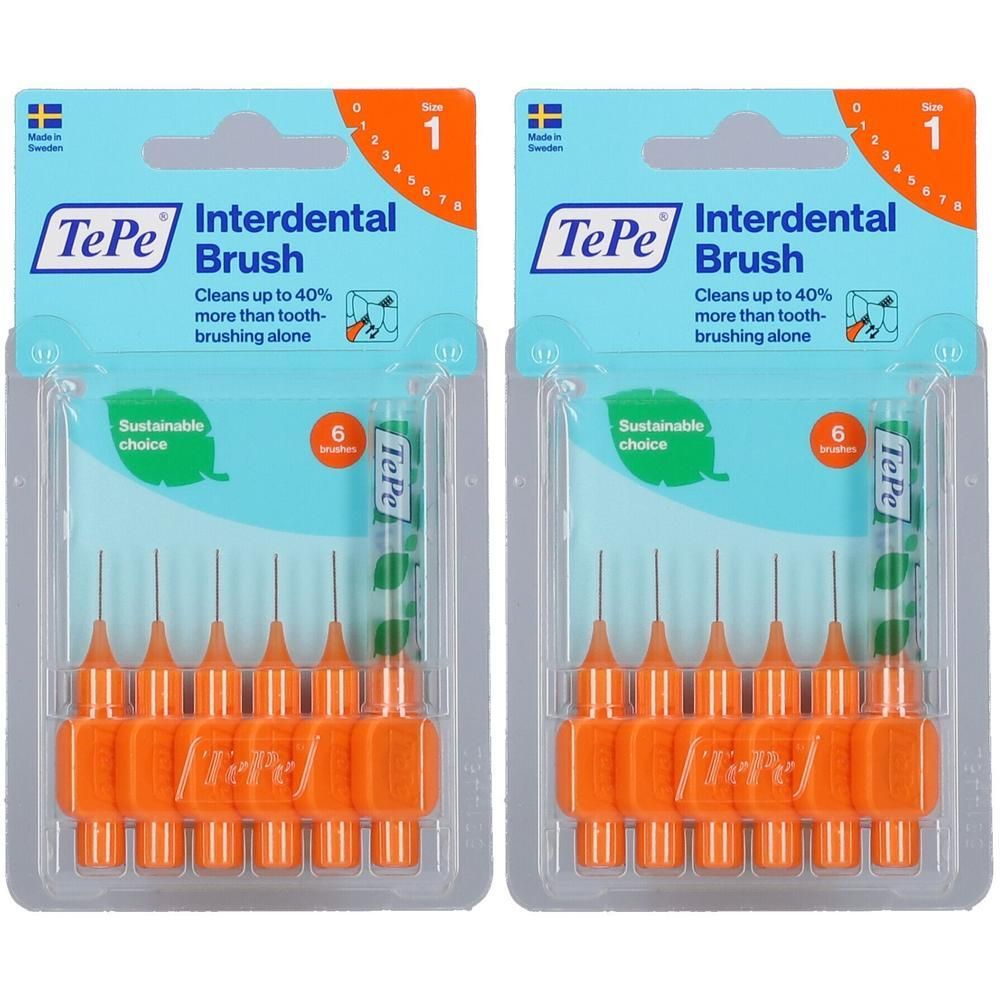 Zwei Packungen Interdentalbürsten. Orangefarbene Bürsten mit blauem Karton. Marke TePe. 6 Stück pro Packung.