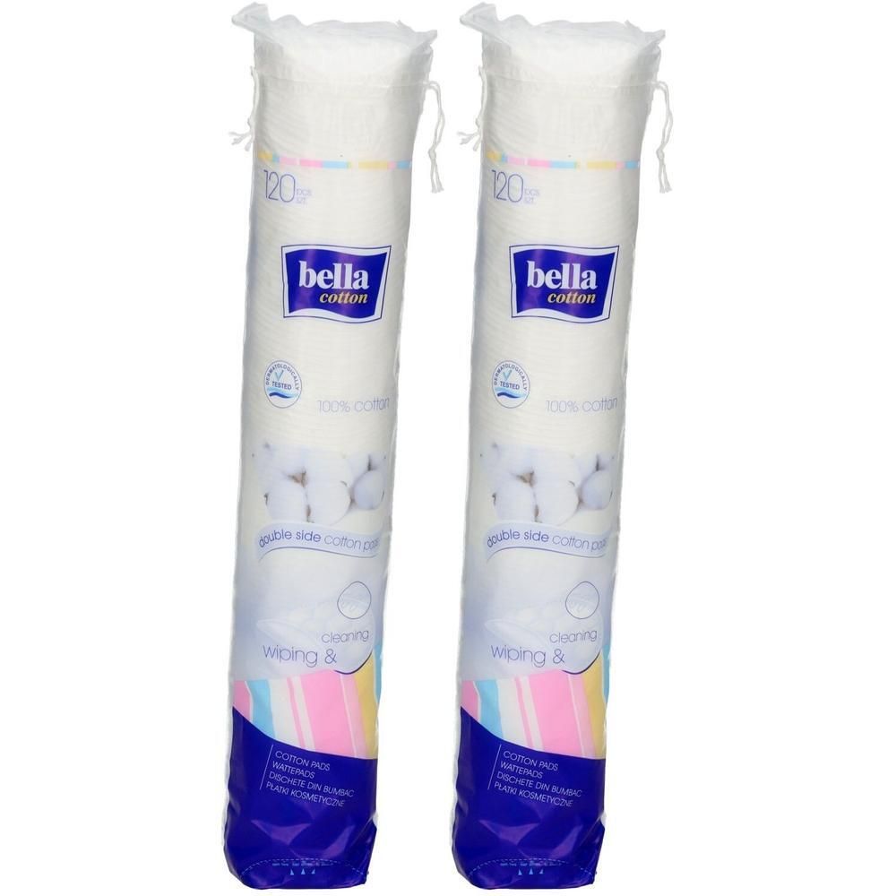 Zwei Packungen Wattepads. Jede Packung hat einen weißen Beutel mit blauem Etikett. Auf dem Etikett steht "bella cotton".