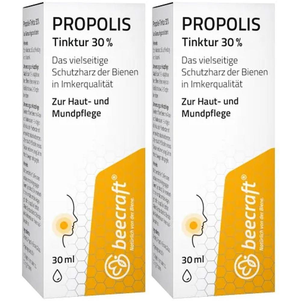 Zwei Schachteln mit Aufschrift PROPOLIS Tinktur 30%. Marke: beecraft. Text: Zur Haut- und Mundpflege. 30 ml.