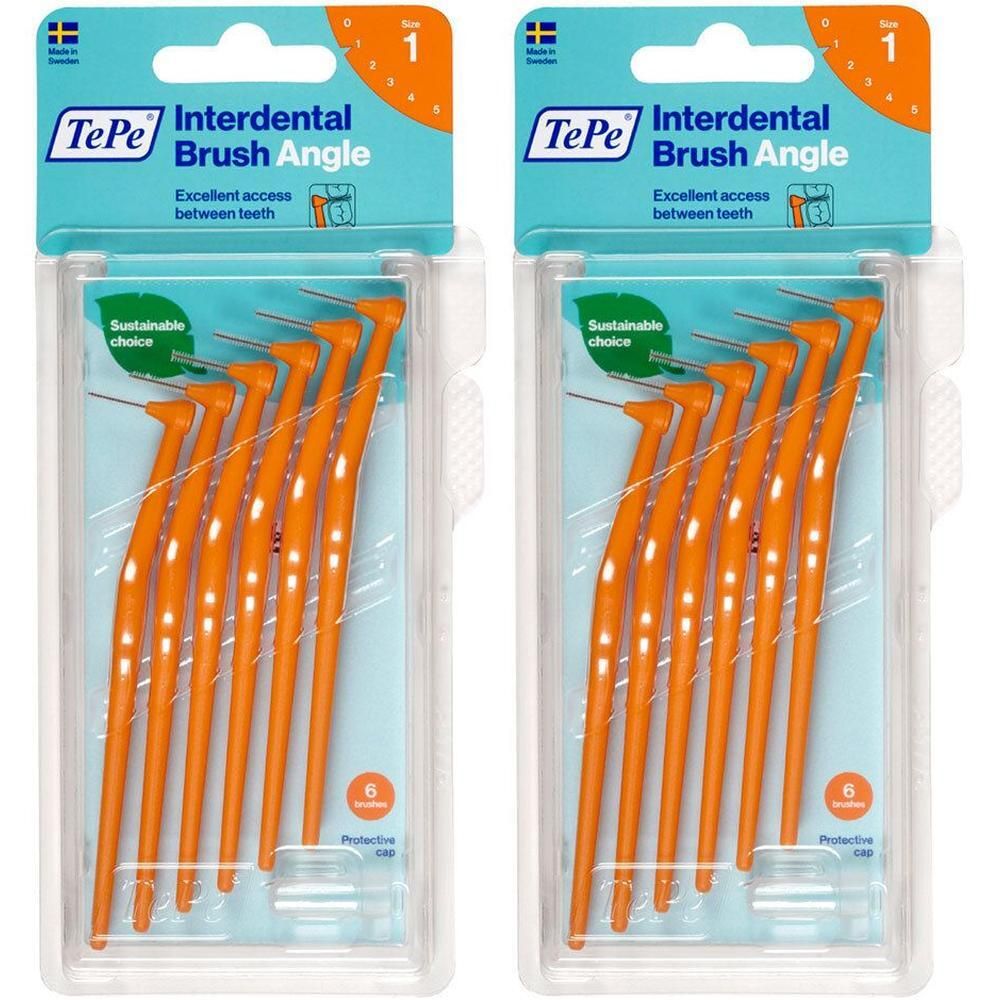 Zwei Packungen Interdentalbürsten. Jede Packung enthält sechs orangefarbene Bürsten. Verpackung mit Produktnamen und Logo.