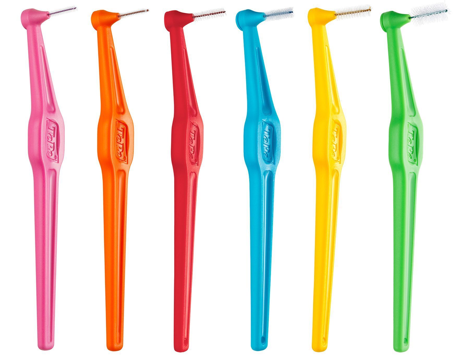 Sechs Interdentalbürsten in verschiedenen Farben: rosa, orange, rot, blau, gelb und grün. Abgewinkelter Bürstenkopf.