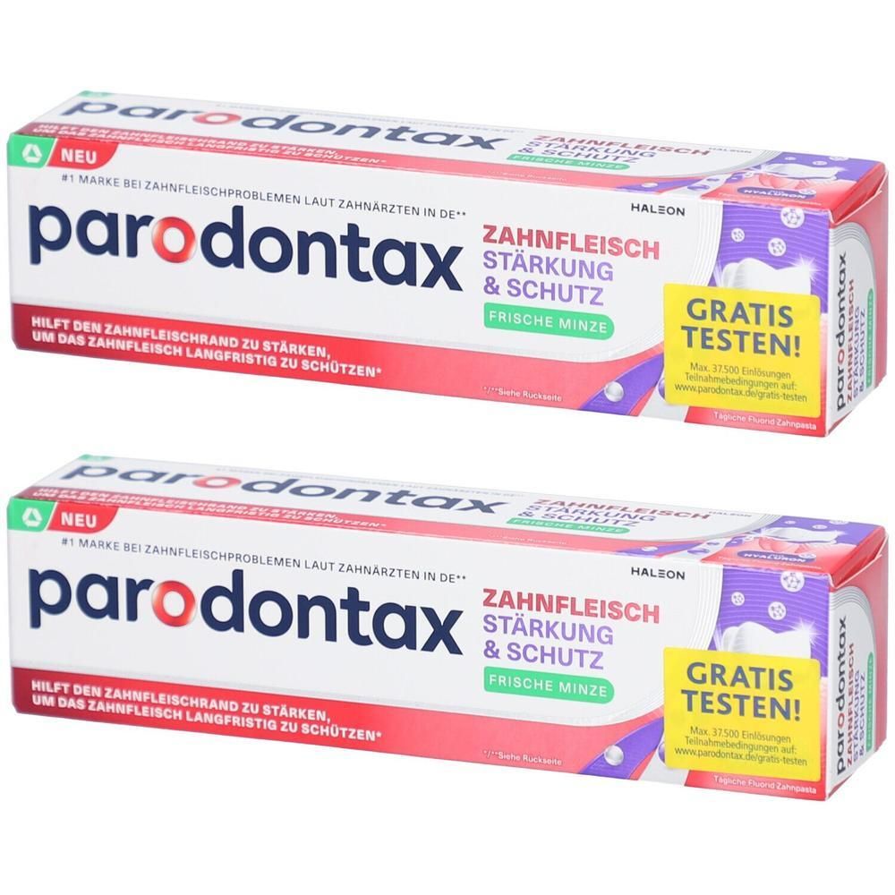 Zwei Tuben parodontax Zahnpasta. Weiße Tuben mit roter und blauer Schrift. Text: Zahnfleisch Stärkung & Schutz, Frische Minze. Mit Gratis Testen!