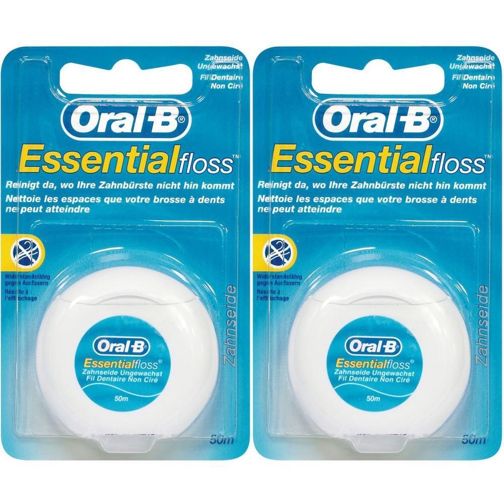 Zwei Packungen Zahnseide. Blaue Verpackung mit weißer, runder Spule. Marke: Oral-B Essentialfloss. Text: Ungewachst, 50m.