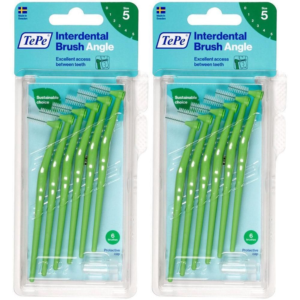 Zwei Packungen TePe Angle Interdentalbürsten, grün. Je 6 Bürsten in Blisterverpackung. Sichtbar: 0,8 mm, 5er-Pack.