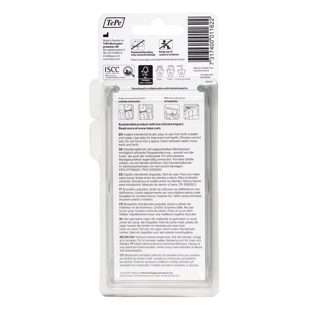 Rückseite der Blisterverpackung mit TePe Angle Interdentalbürsten. Text in mehreren Sprachen. ISCC-Zertifizierung und FSC-Logo.