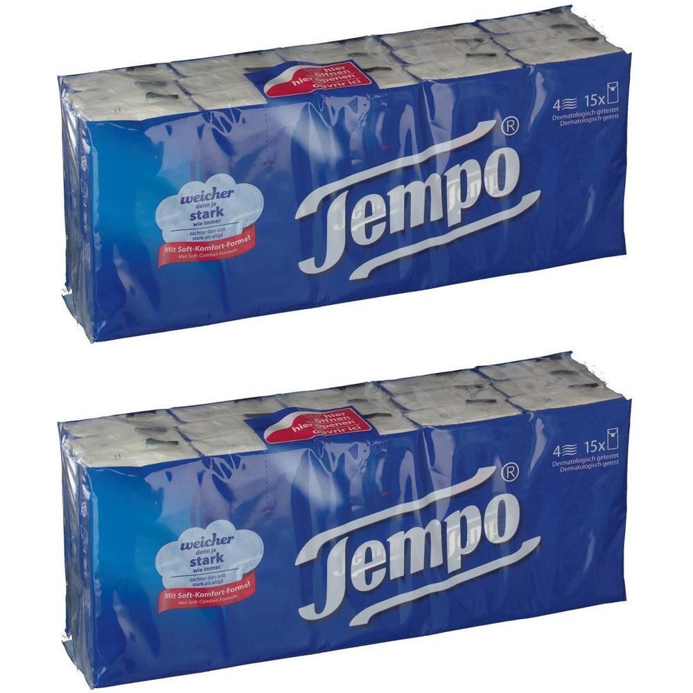 Zwei Packungen Tempo Taschentücher. Blaue Verpackung mit weißem Logo und Text. Aufschrift: weicher, stark.