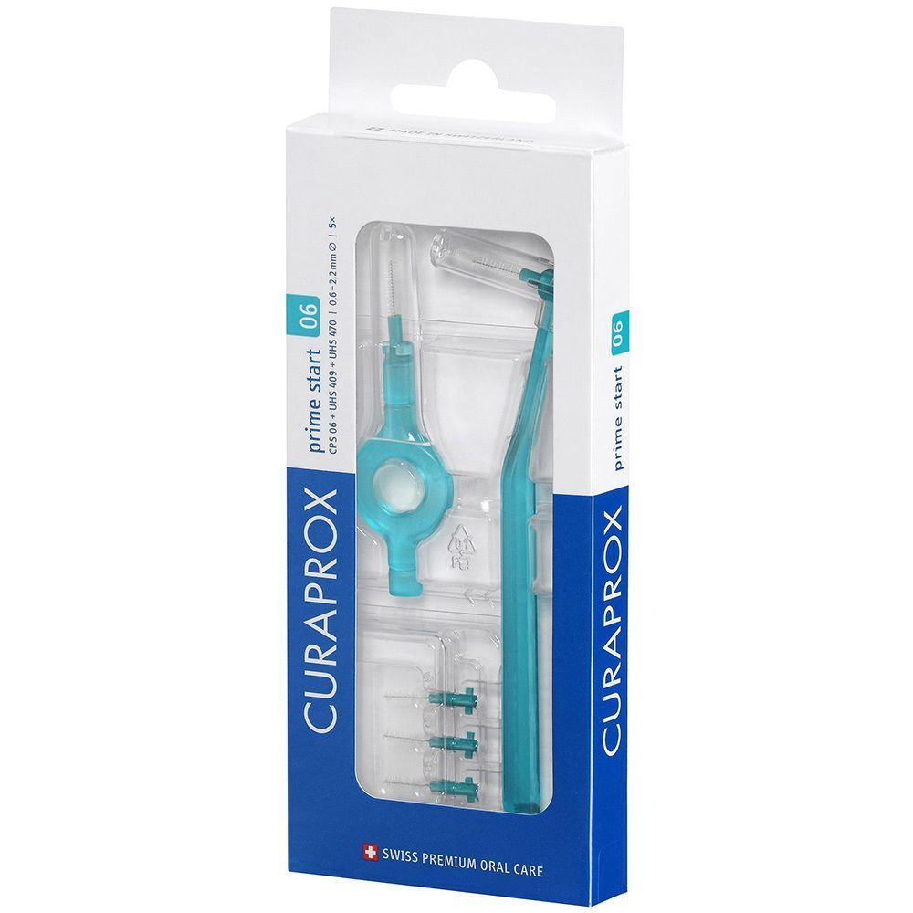 Eine Packung Interdentalbürsten. Enthält Halterung und Bürsten. Türkisfarbene Bürsten und Halterung. Verpackung mit Produktnamen.
