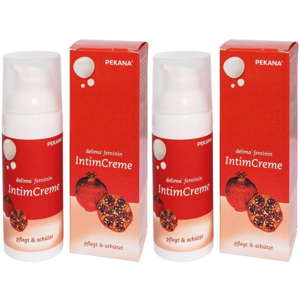 Zwei Flaschen delima feminin IntimCreme mit Pumpspender und zwei Faltschachteln. Rotes Design mit Granatapfelmotiv.
