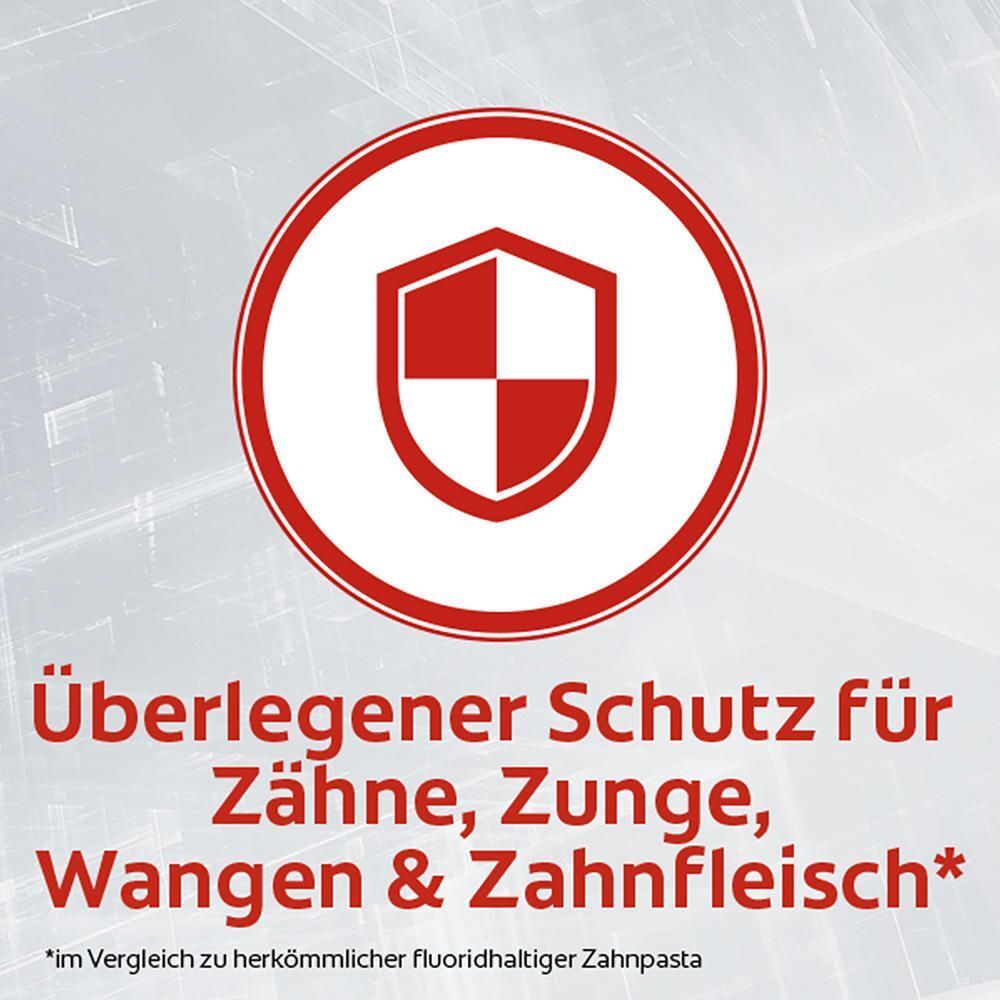 Schildsymbol mit Text: Überlegener Schutz für Zähne, Zunge, Wangen & Zahnfleisch.