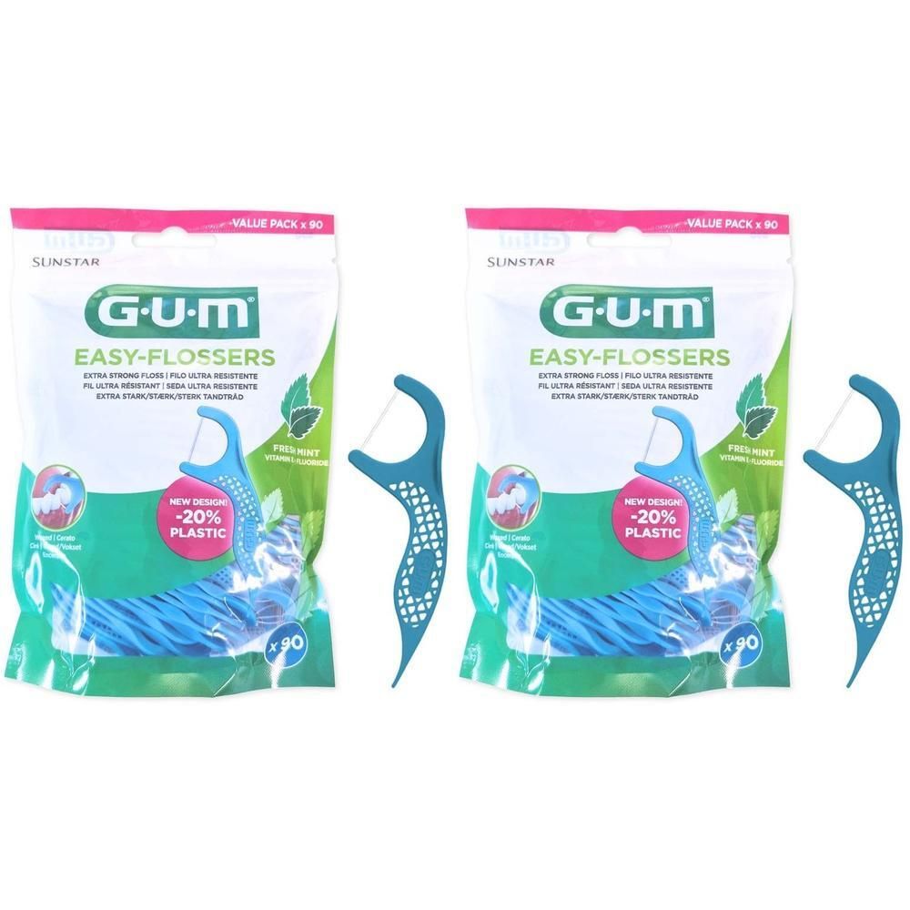 Zwei Packungen GUM Easy-Flossers mit Halter und 90 Stück. Blaue Zahnseide mit Halter. Grün-weiße Verpackung mit Logo und Produktnamen.