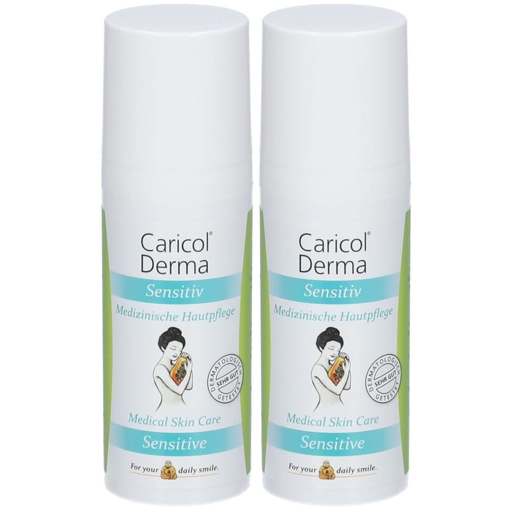 Zwei weiße Flaschen mit Aufschrift Caricol Derma Sensitiv. Medizinische Hautpflege. Mit Illustration und dermatologisch getestet.