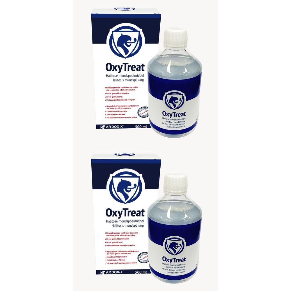 Zwei Flaschen und zwei Kartons. Aufschrift: OxyTreat Halitosis Mundspülung. Blaue und weiße Verpackung.