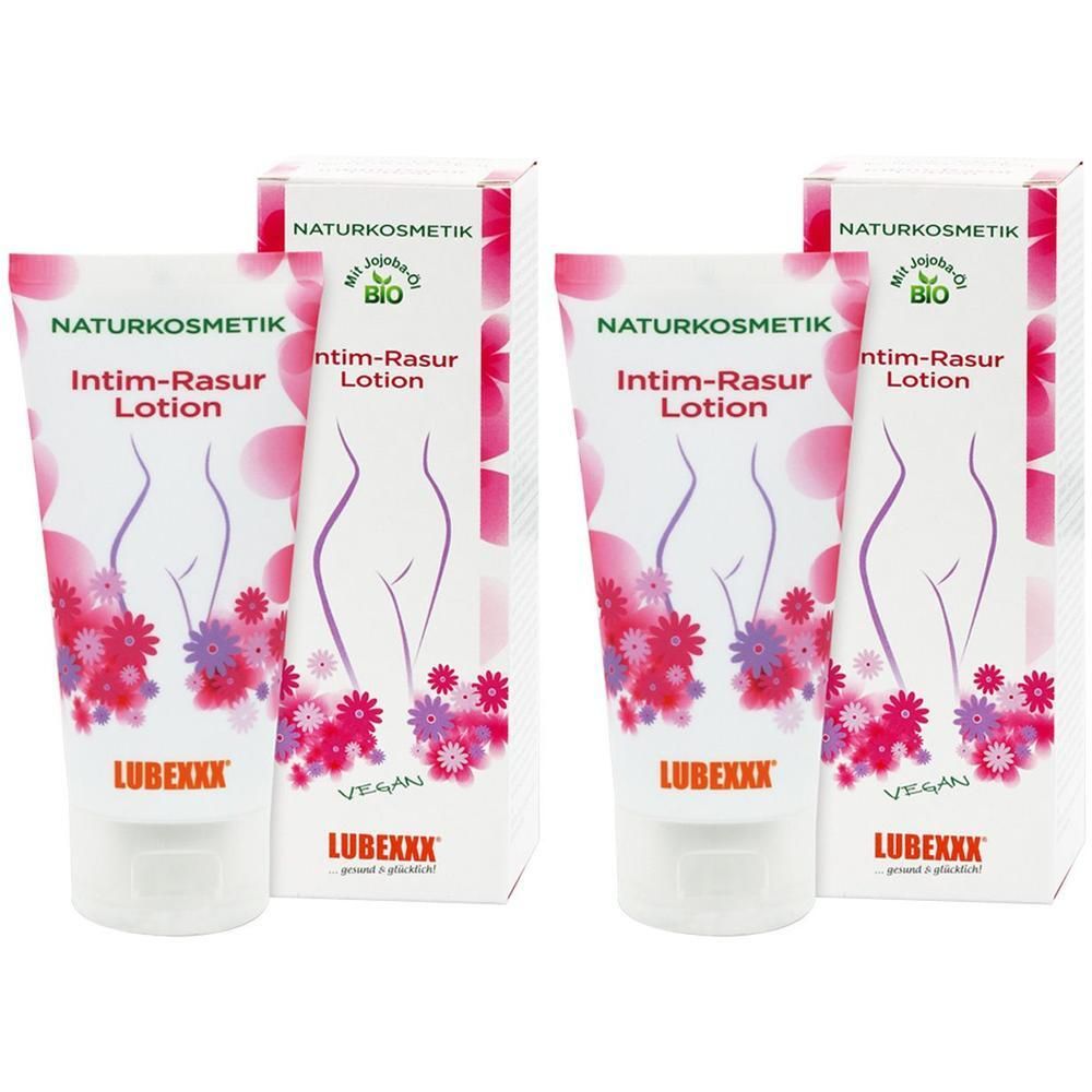 Zwei Tuben und zwei Kartons. Auf den Tuben steht "Intim-Rasur Lotion" und "LUBEXXX". Auf den Kartons steht "NATURKOSMETIK".