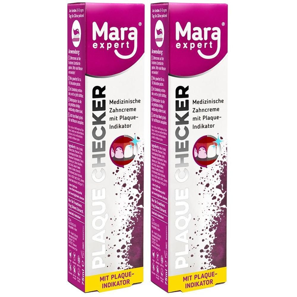 Zwei Packungen Mara Expert Plaque Checker Zahncreme. Medizinische Zahncreme mit Plaque-Indikator. Verpackung in Lila und Weiß.