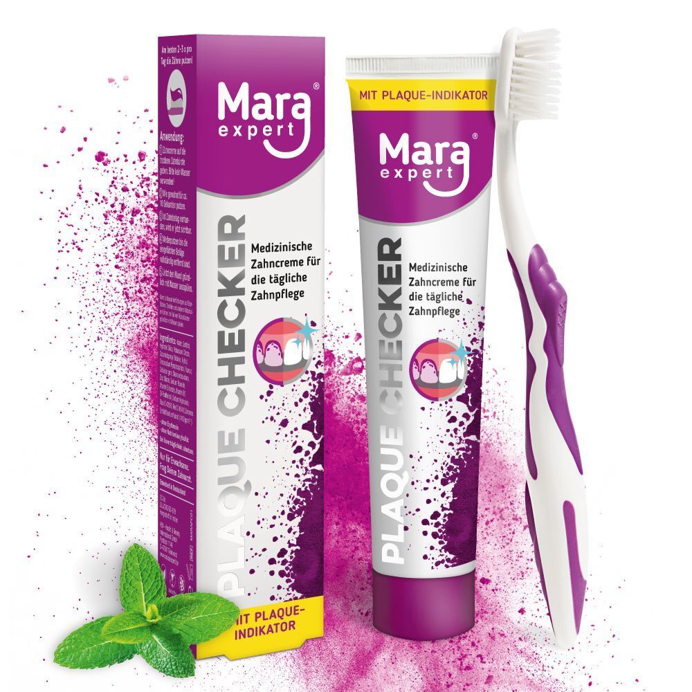 Mara Expert Plaque Checker Zahncreme, Verpackung und Zahnbürste. Medizinische Zahncreme mit Plaque-Indikator. Mit Minze.