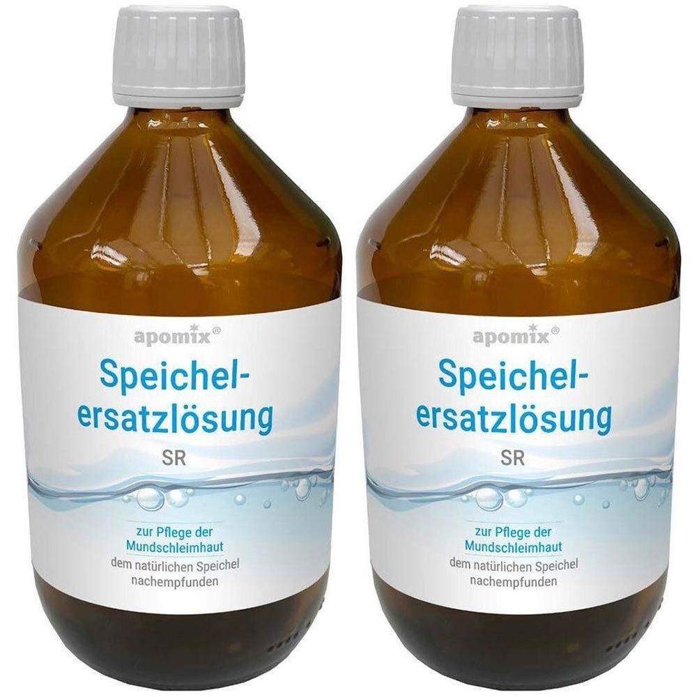 Zwei braune Glasflaschen mit weißem Etikett. Aufschrift: Speichelersatzlösung SR. Marke: apomix. Mit weißem Schraubverschluss.