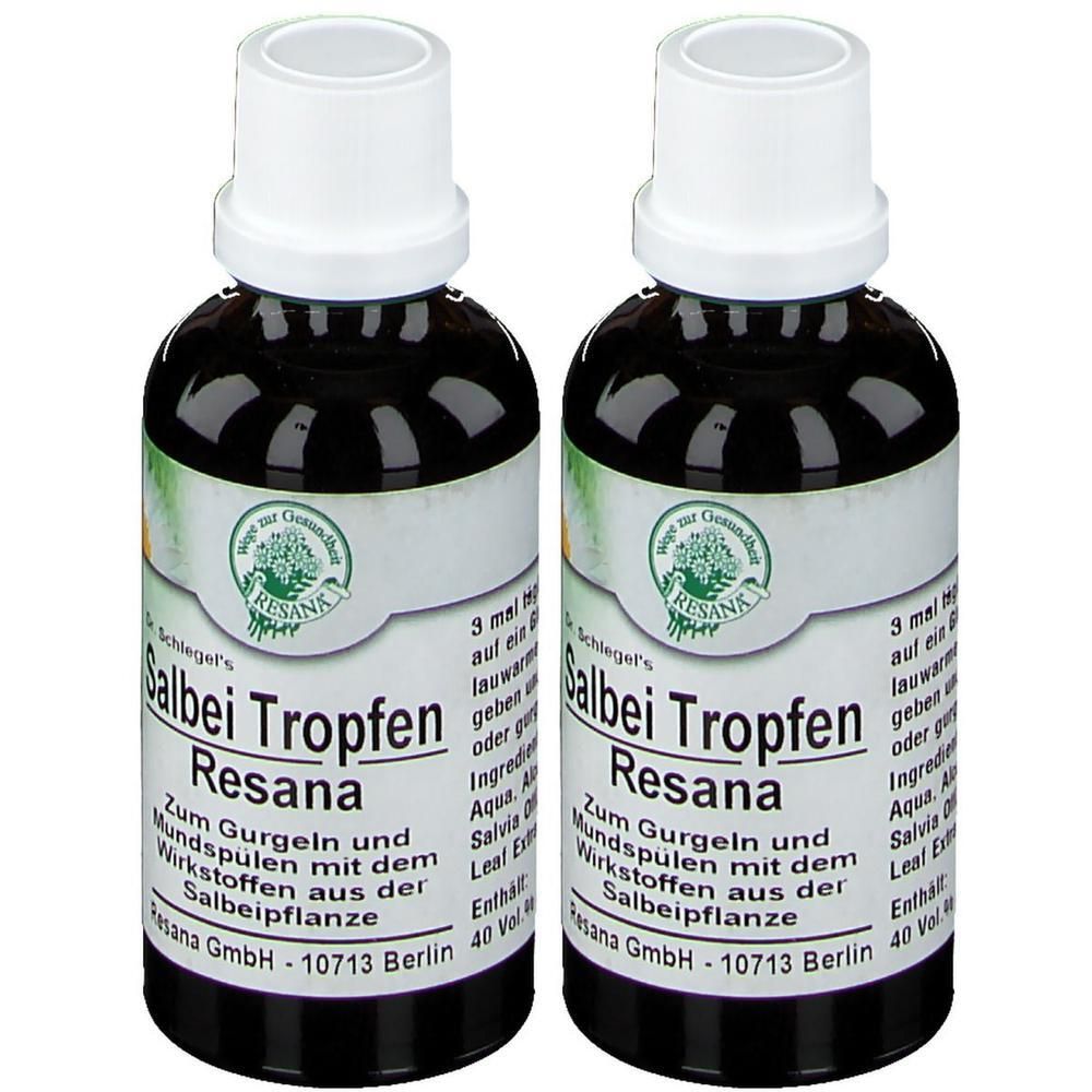 Zwei Flaschen Salbei Tropfen Resana. Braune Flüssigkeit in Glasflaschen mit weißen Deckeln. Beschriftung mit Produktnamen und Inhaltsstoffen.