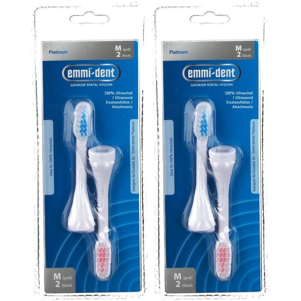 Zwei emmi®-dent Platinum Aufsätze in Blisterverpackung. Weiße Bürstenköpfe mit blauen und roten Borsten. "M" und "2 Stück" sichtbar.