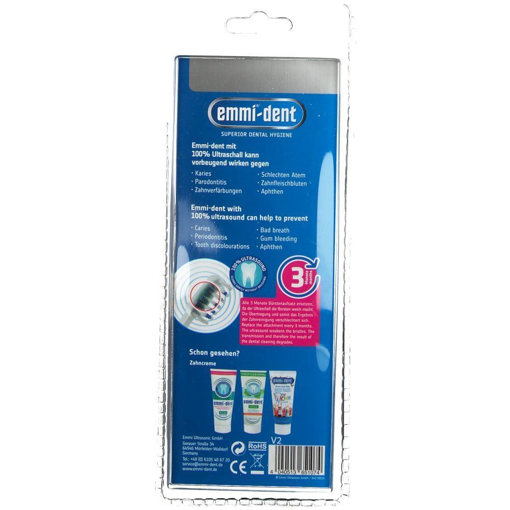 Rückseite der emmi®-dent Platinum Verpackung. Text in Deutsch und Englisch. Produktname und Logo oben. CE-Kennzeichnung.