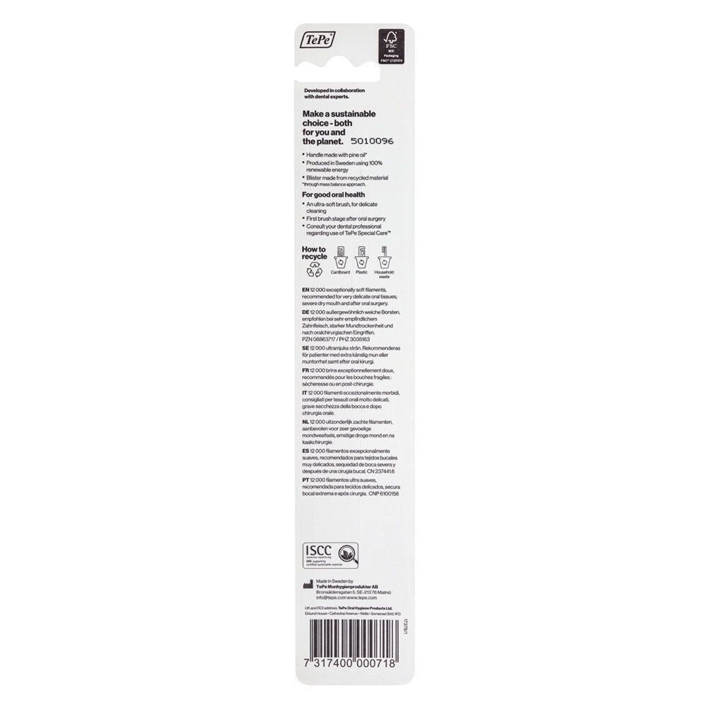 Rückseite der Verpackung. Text: Make a sustainable choice, für die Zähne, für den Planeten. FSC-Logo.