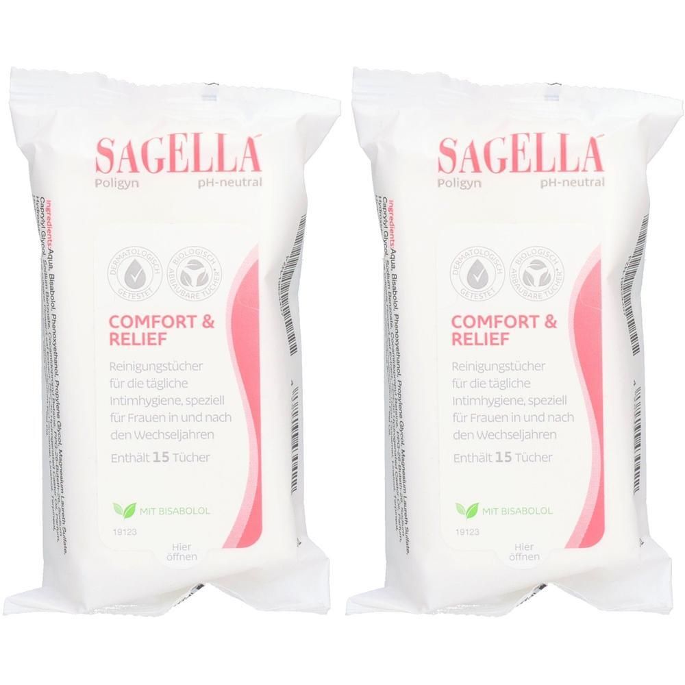 Zwei Packungen Sagella Poligyn Intimpflegetücher. Weiße Verpackung mit rosa Akzenten und Produktinformationen. Enthält 15 Tücher.