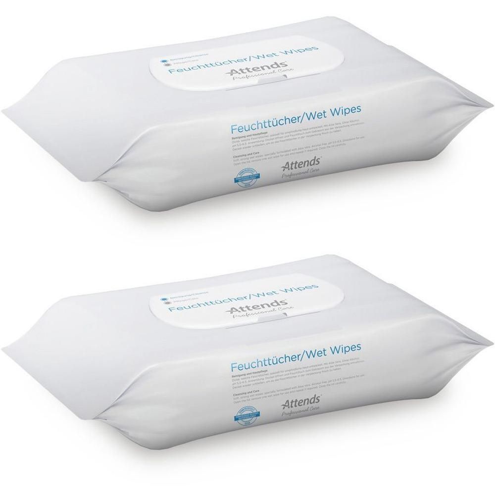 Zwei weiße Packungen Feuchttücher. Aufschrift: Feuchttücher/Wet Wipes, Attends. Blaue Logos.