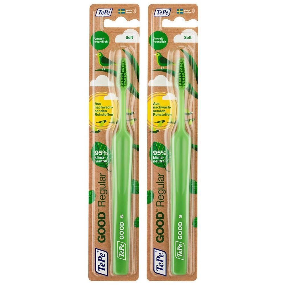Zwei grüne Zahnbürsten in Verpackung. Aufschrift: TePe GOOD Regular, Soft. Aus nachwachsenden Rohstoffen.