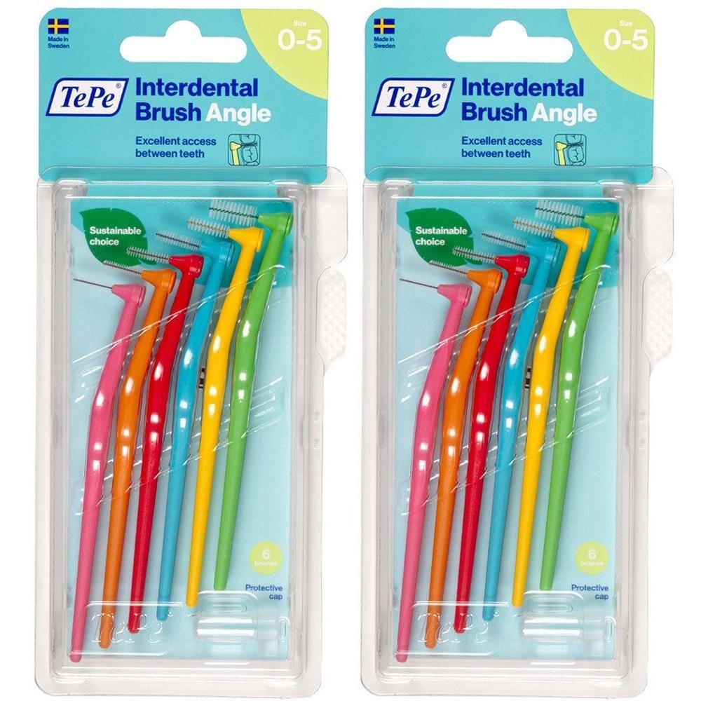 Zwei Packungen Interdentalbürsten. Jede Packung enthält sechs Bürsten in verschiedenen Farben. Die Verpackung zeigt den Markennamen und das Logo.