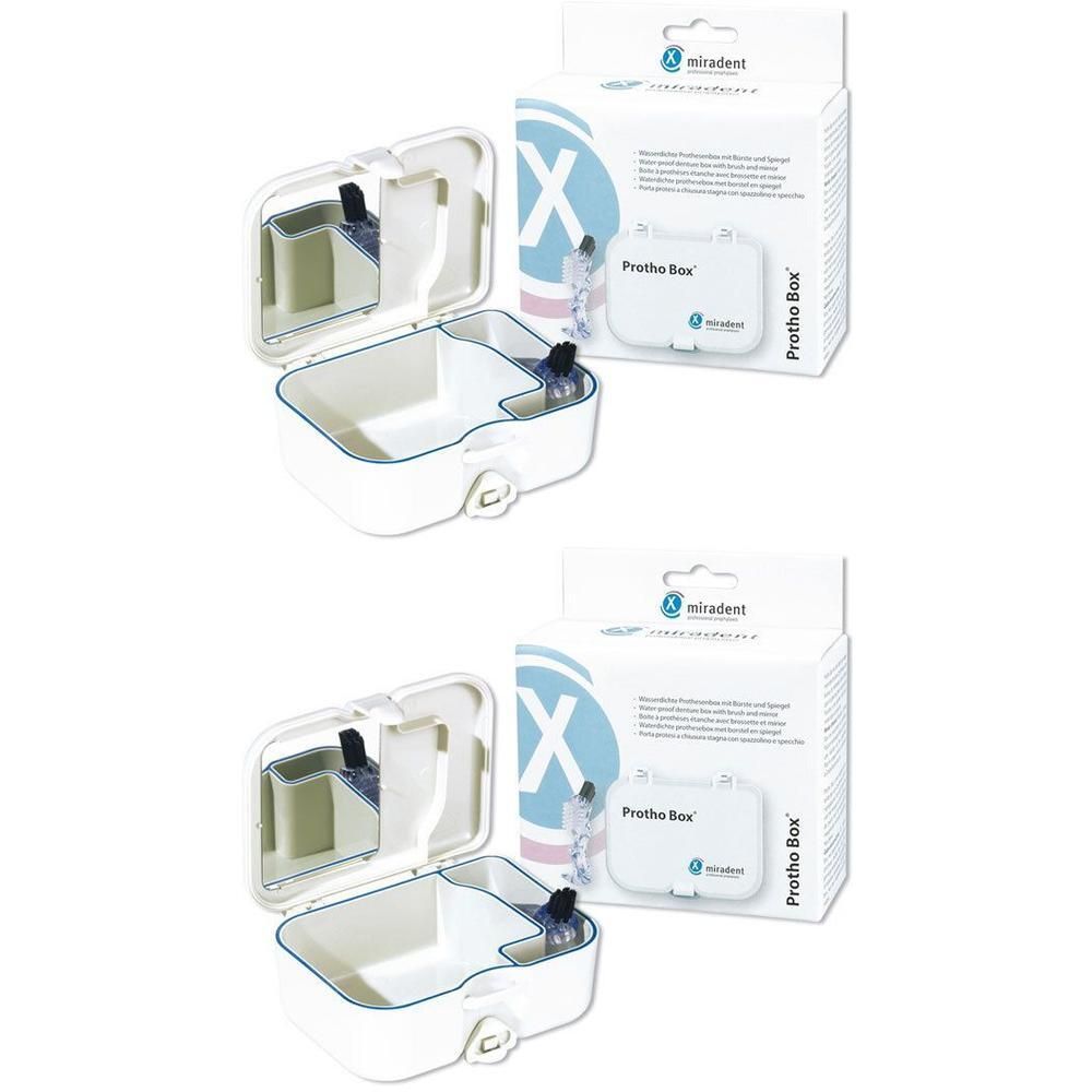 Zwei weiße Protho Boxen mit blauem Rand und Spiegel. Auf der Verpackung steht "miradent" und "Protho Box".