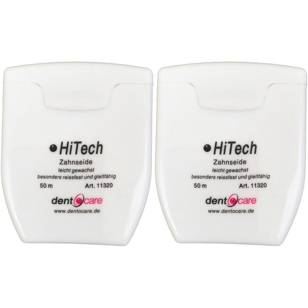 Zwei weiße Zahnseide-Spender. Aufschrift: HiTech Zahnseide, leicht gewachst, 50 m, Art. 11320. Marke: dent o care.