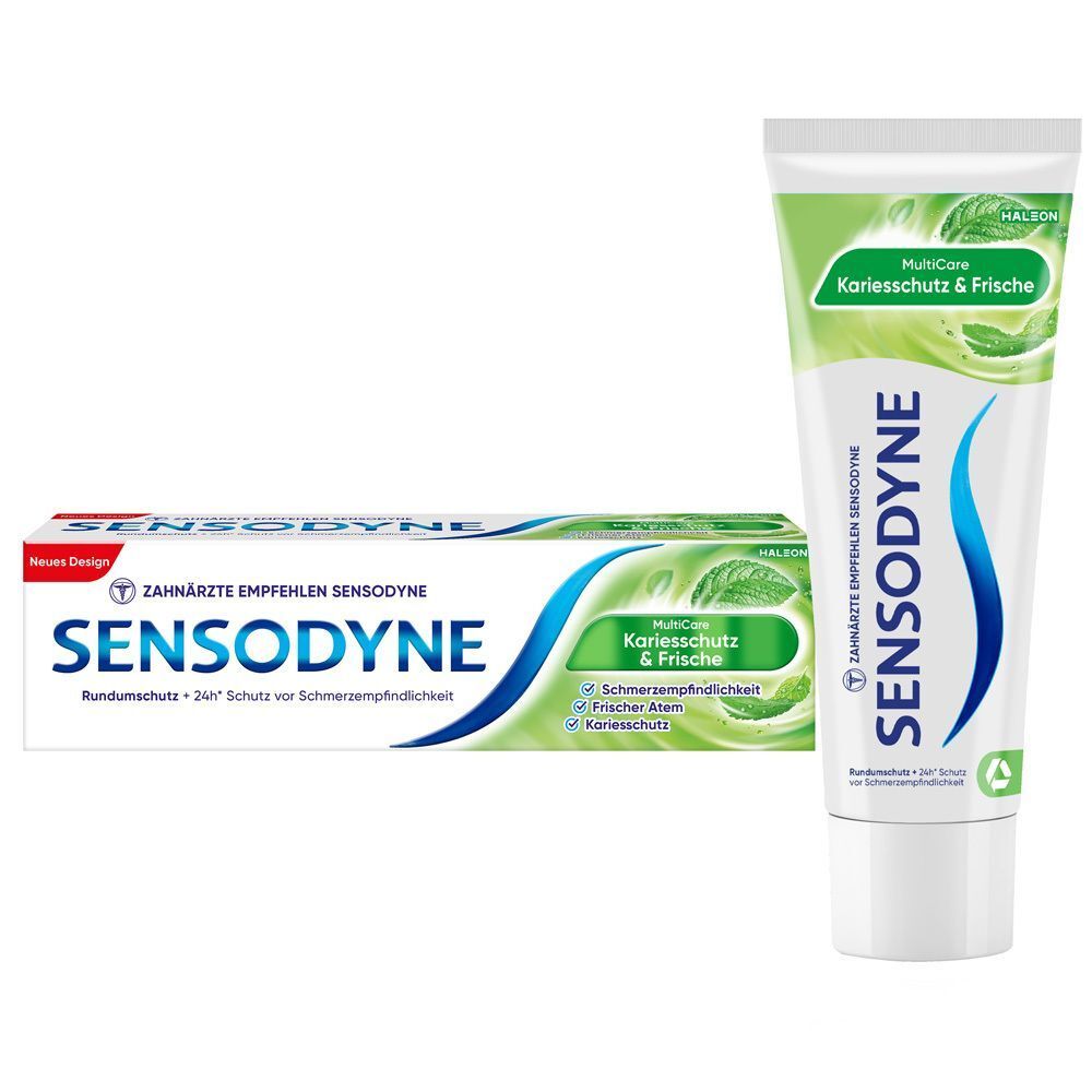 Sensodyne MultiCare Kariesschutz & Frische Zahnpasta. Tube und Schachtel. Weiß-blaue Verpackung mit grünen Akzenten. Text: Sensodyne, Kariesschutz & Frische.