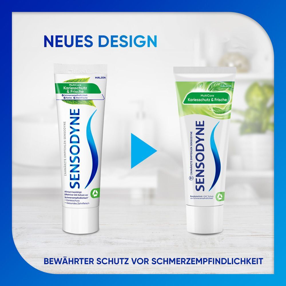 Vergleich von Zahnpasta-Tuben. Links: Tube. Rechts: Tube. Text: Sensodyne, Kariesschutz & Frische. Hintergrund: blau.