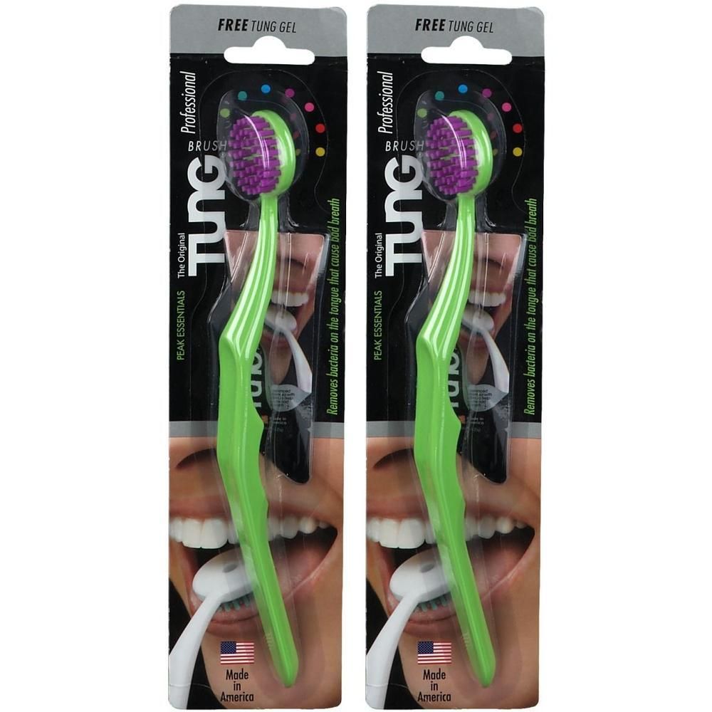 Zwei grüne Zungenbürsten mit lila Borsten, verpackt. Aufschrift: TUNG, FREE TUNG GEL, Professional BRUSH.