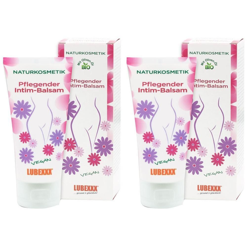 Zwei Tuben und Schachteln. Aufschrift: Pflegender Intim-Balsam, LUBEXXX, Naturkosmetik, Vegan. Abbildung einer Frau.