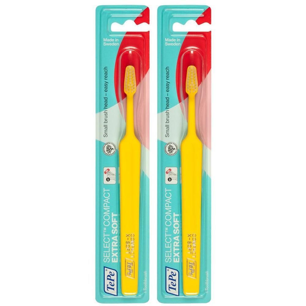 Zwei gelbe Zahnbürsten in Verpackung. Aufschrift: TePe Select Compact Extra Soft. Kleiner Bürstenkopf, leicht erreichbar.