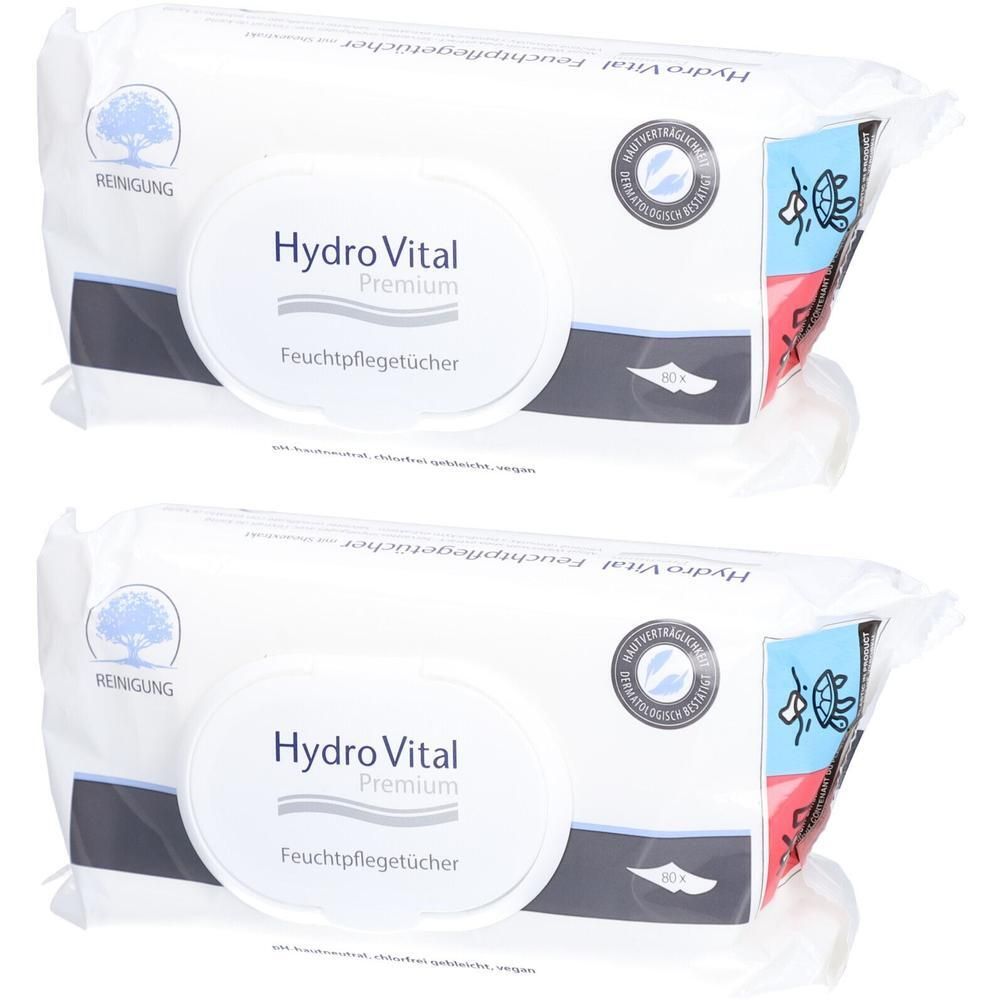 Zwei Packungen Feuchttücher. Weiße Verpackung mit blauem und rotem Akzent. Aufschrift: Hydro Vital Premium Feuchtpflegetücher.